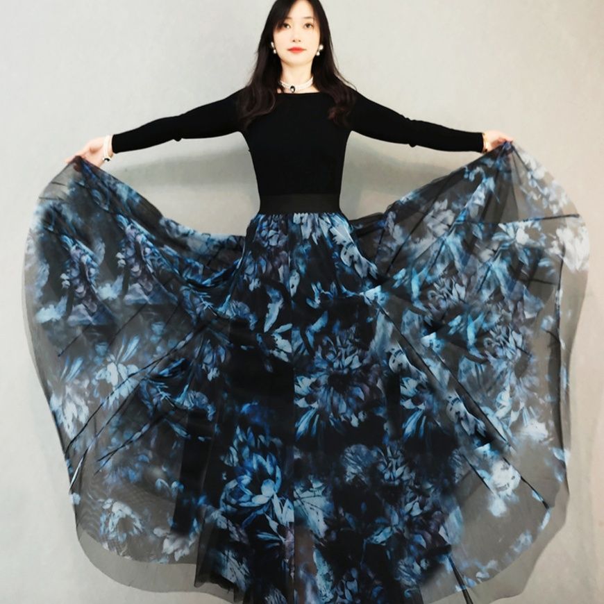 花柄プリント長袖フレアスカート社交ダンスドレス 練習着|社交 ダンス