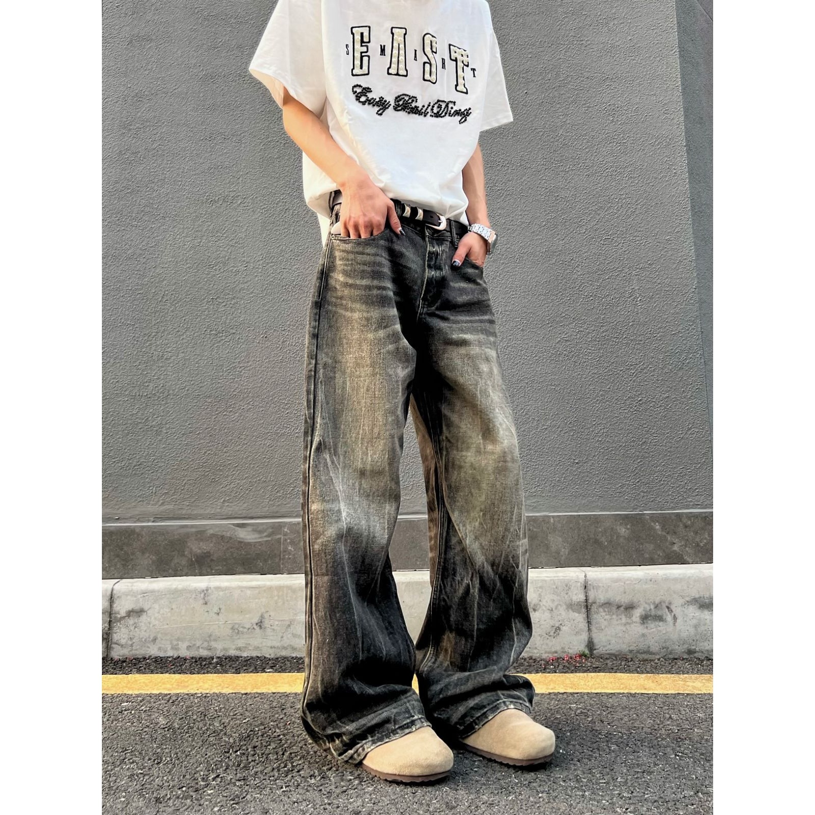 グレー パンツ ダメージ加工ワイドデニム デニム|グレー パンツ専門