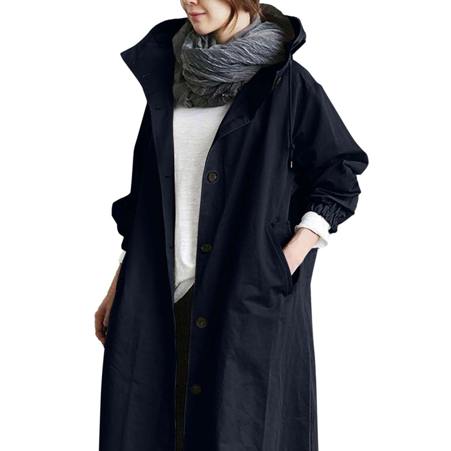 ネイビーコーデ モダンロング丈フード付きトレンチコート コート