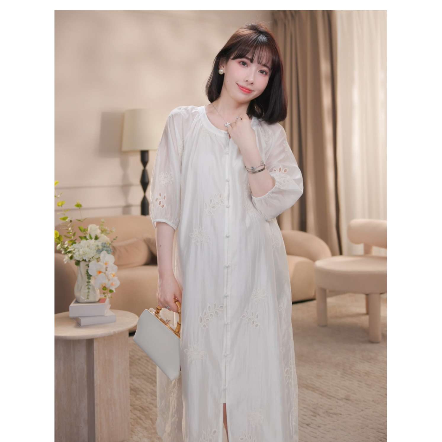 マタニティドレス おしゃれレース刺繍マタニティロングワンピース 産後