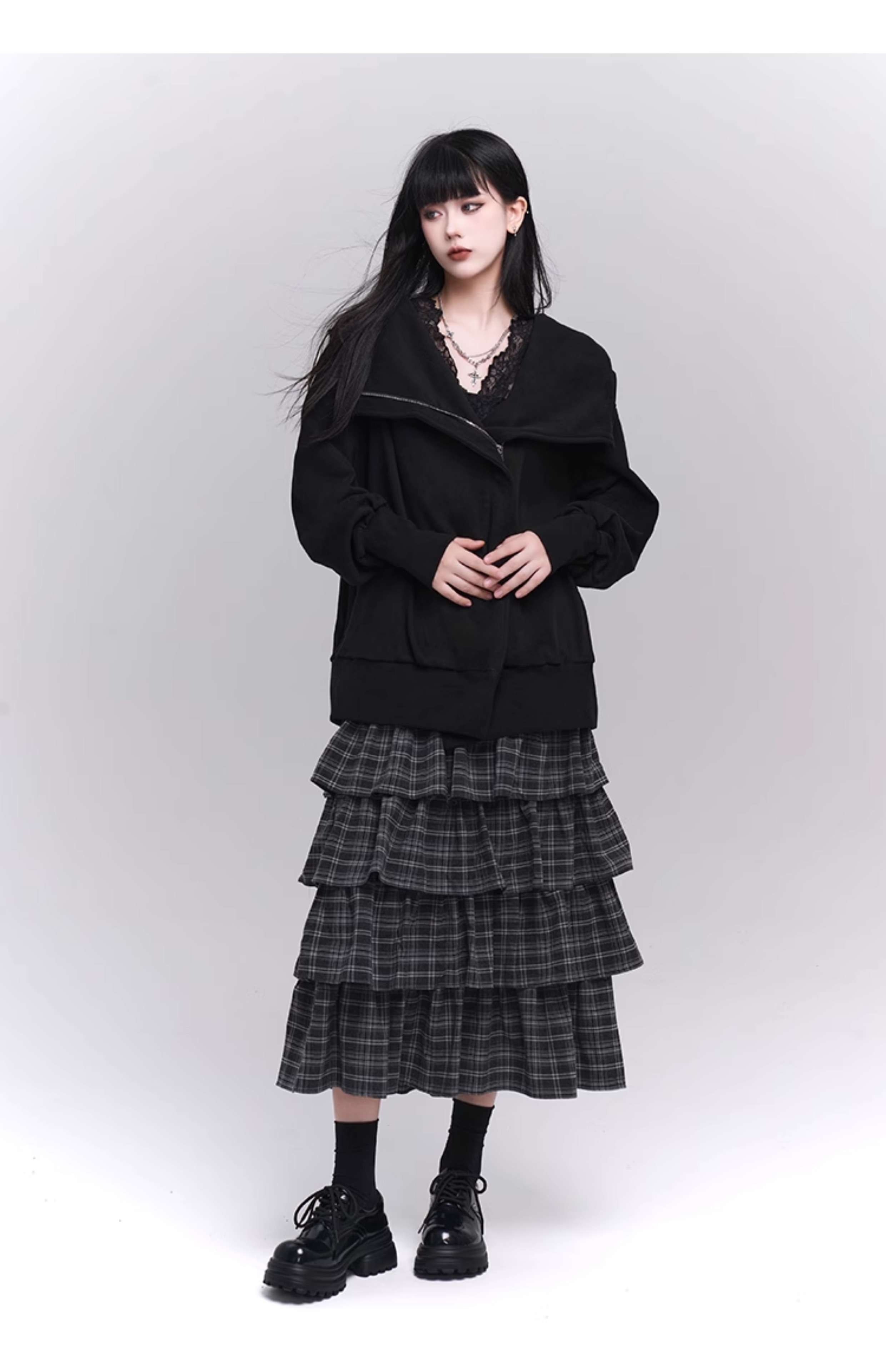 パンクファッション 多段フリルチェックスカート スカート|パンク