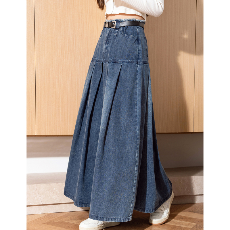 プリーツスカート デニムプリーツフレアロングスカート ロング