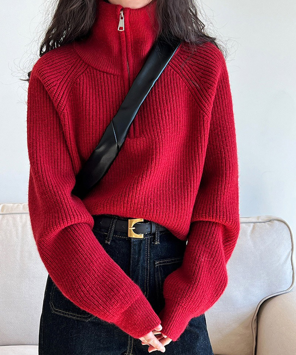赤コーデ ショート丈ニット肩開きデザイン長袖トップス ニット |赤