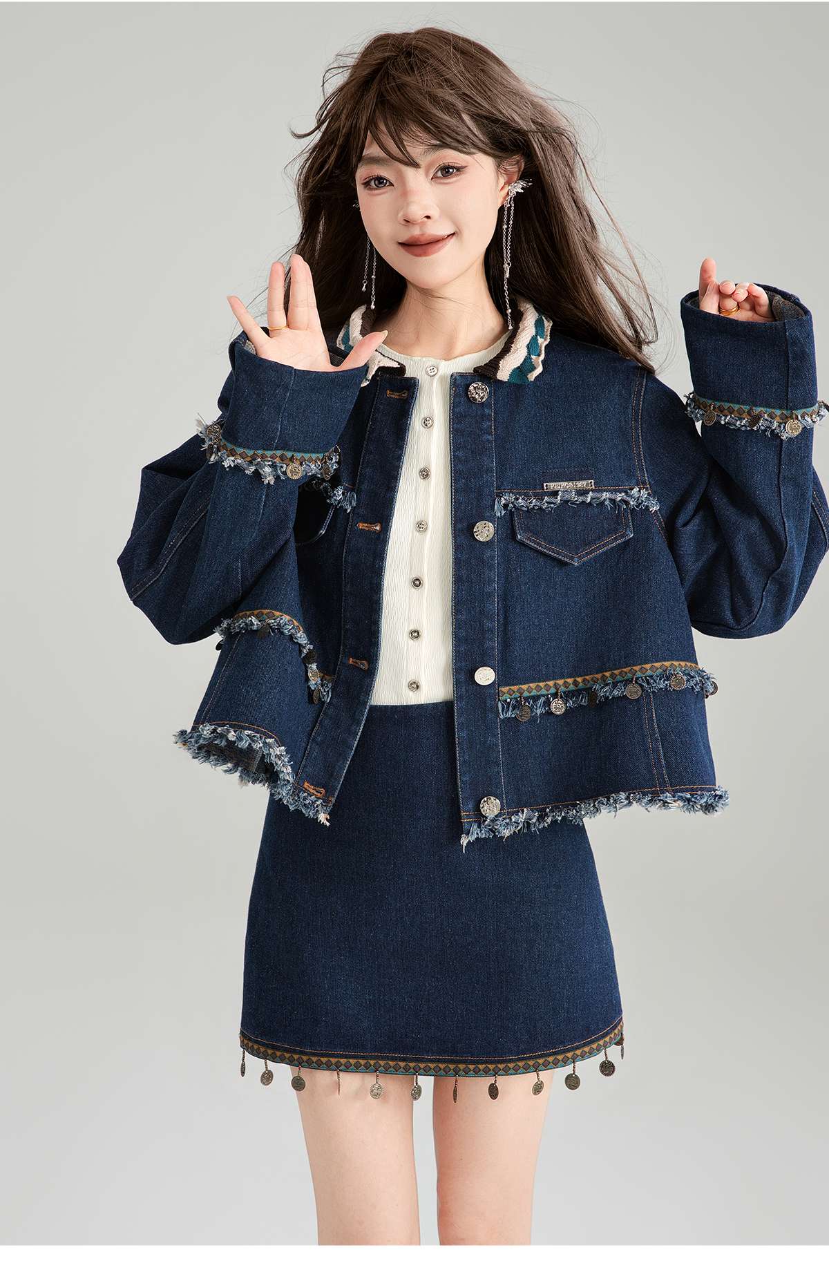 フリンジ装飾デニムセットアップ デニム レディース|セットアップ専門