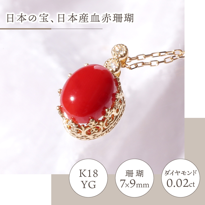 宝飾の町甲府から!!K18 日本産血赤珊瑚王冠クラシカルネックレス【TK