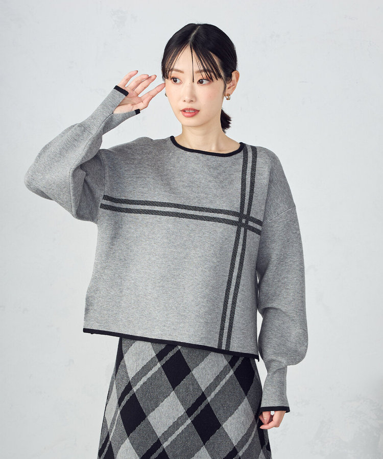 チェック柄 袖口スリットニットプルオーバー / セットアップ対応（12