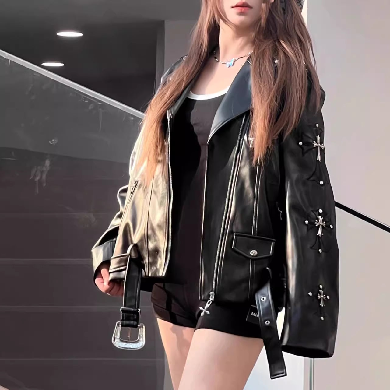 十字架 モチーフ エコレザージャケット レディース 韓国 ファッション