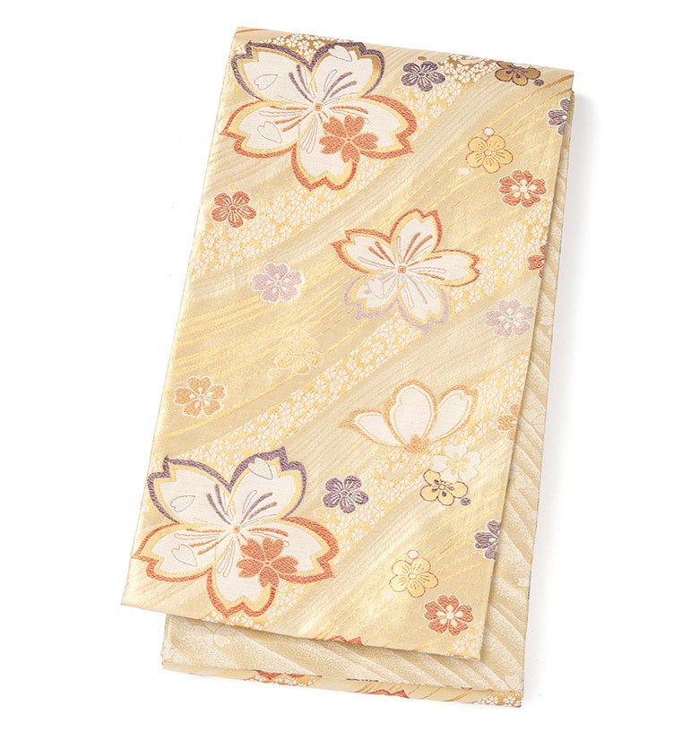 袋帯 振袖用 仕立て上り 正絹 六通 金 桜と流水 芯なし 435cm | 女性