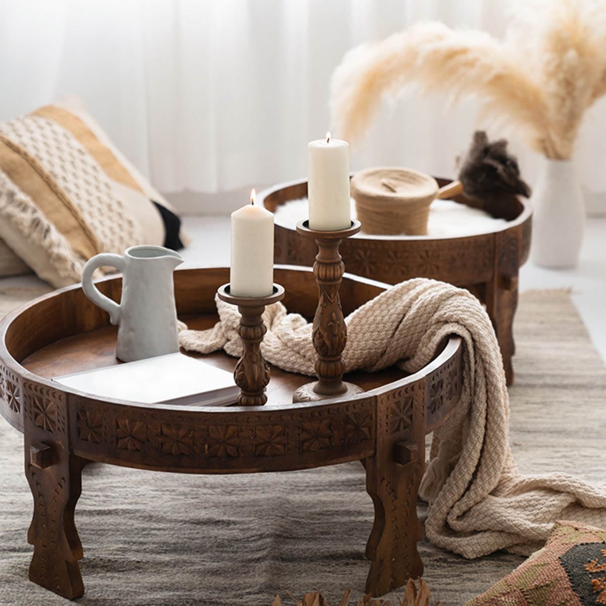 VeroMan ローテーブル 木彫刻 リビングテーブル サイドテーブル 展示台