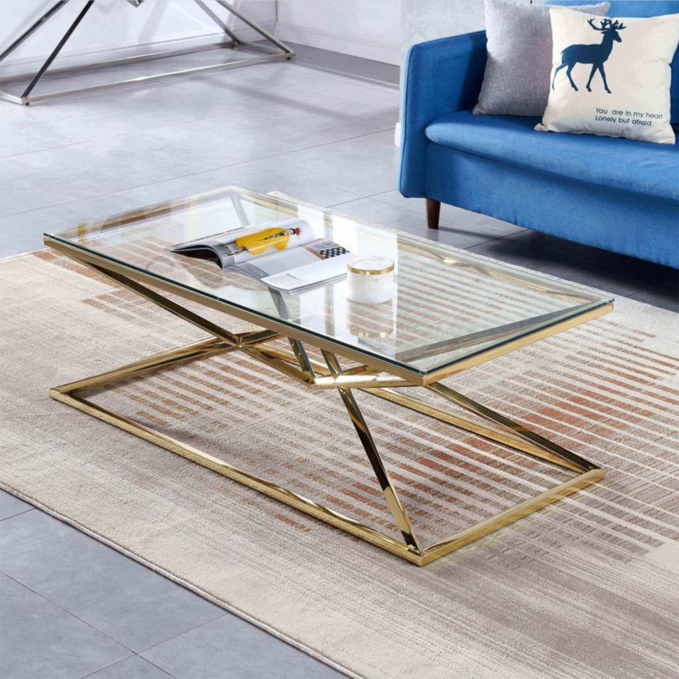 幅120×奥60×高45cm] VeroMan ゴールド ガラス ローテーブル ソファ