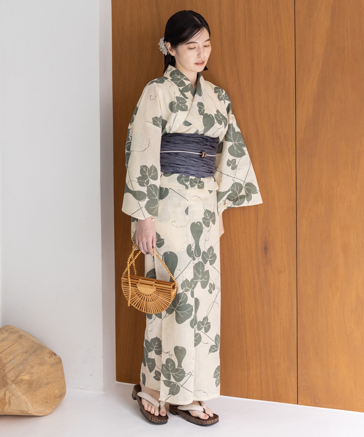 こだわり浴衣5点セット(浴衣/帯/下駄/腰紐/着付け冊子) 麻混 綿麻 先