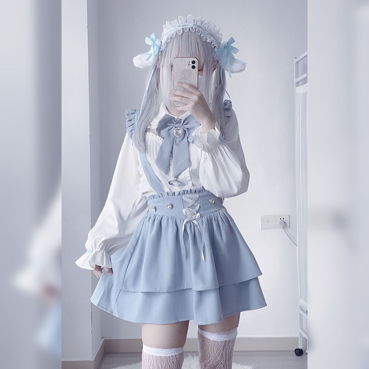 水色界隈 ビッグリボンのサスペンダースカートスクールガール