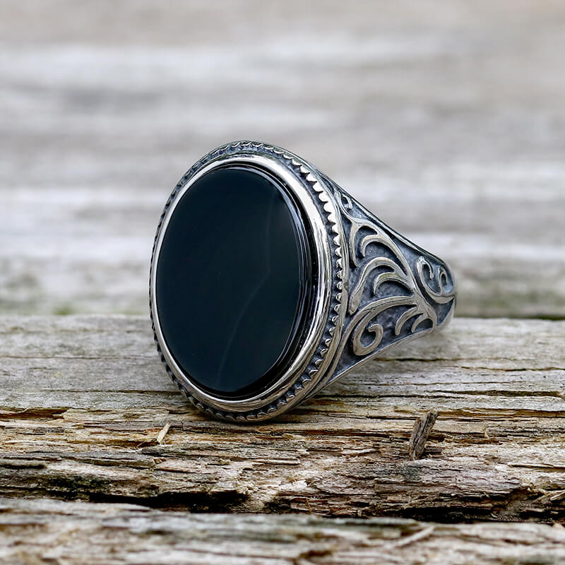 Black Oval Agate Carved Stainless Steel Ring – GTHIC