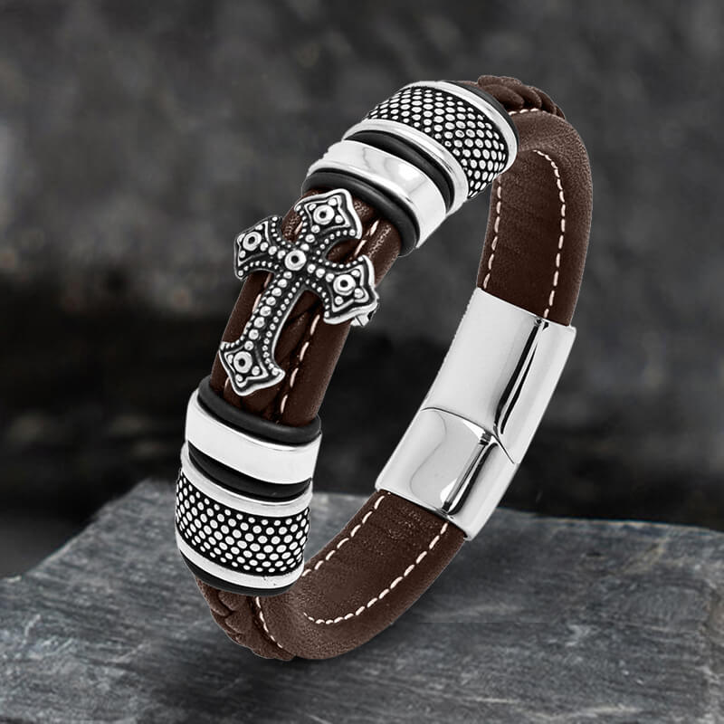 Budded Cross Stainless Steel Braided Leather Bracelet – GTHIC