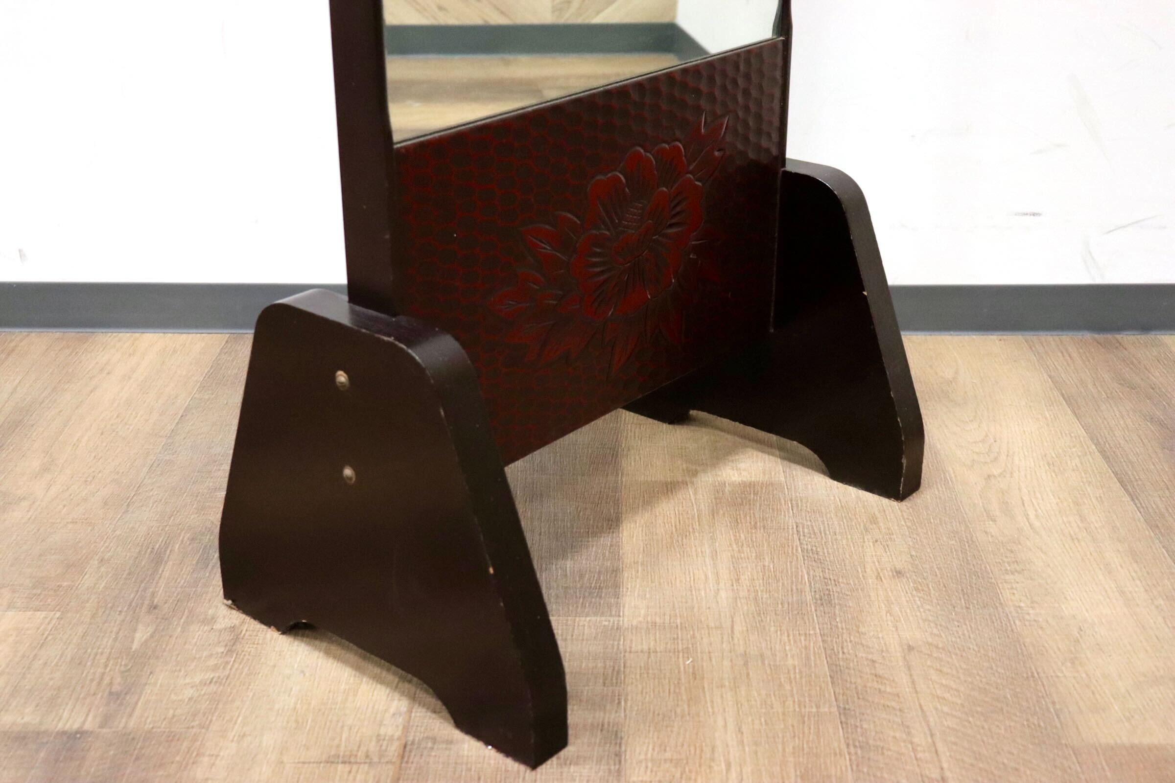 GMGF106○鎌倉彫 スタンドミラー 鏡 姿見 全身鏡 木製 彫刻 漆塗り