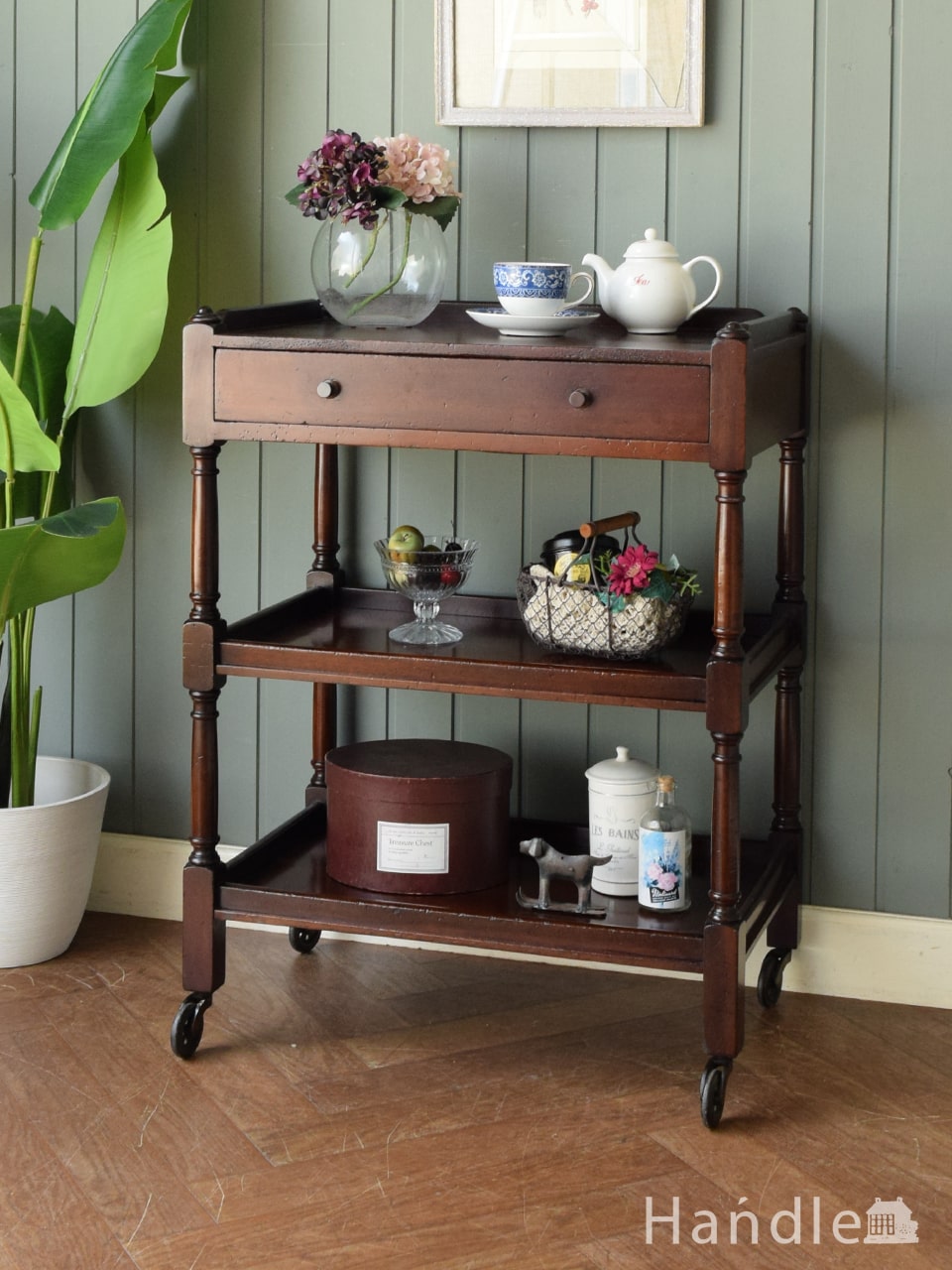 引き出しが付いたアンティークワゴン、英国から届いたマホガニー材の