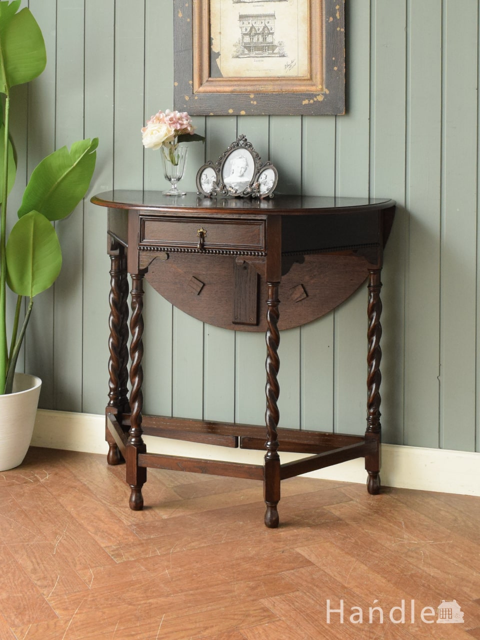 英国アンティークのコンソールテーブル、ハーフムーン型の伸長式ゲーム