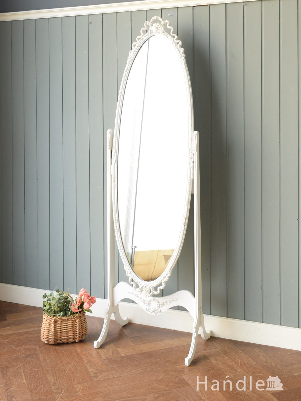 英国アンティークのマホガニー材のスタンドミラー、エドワーディアン