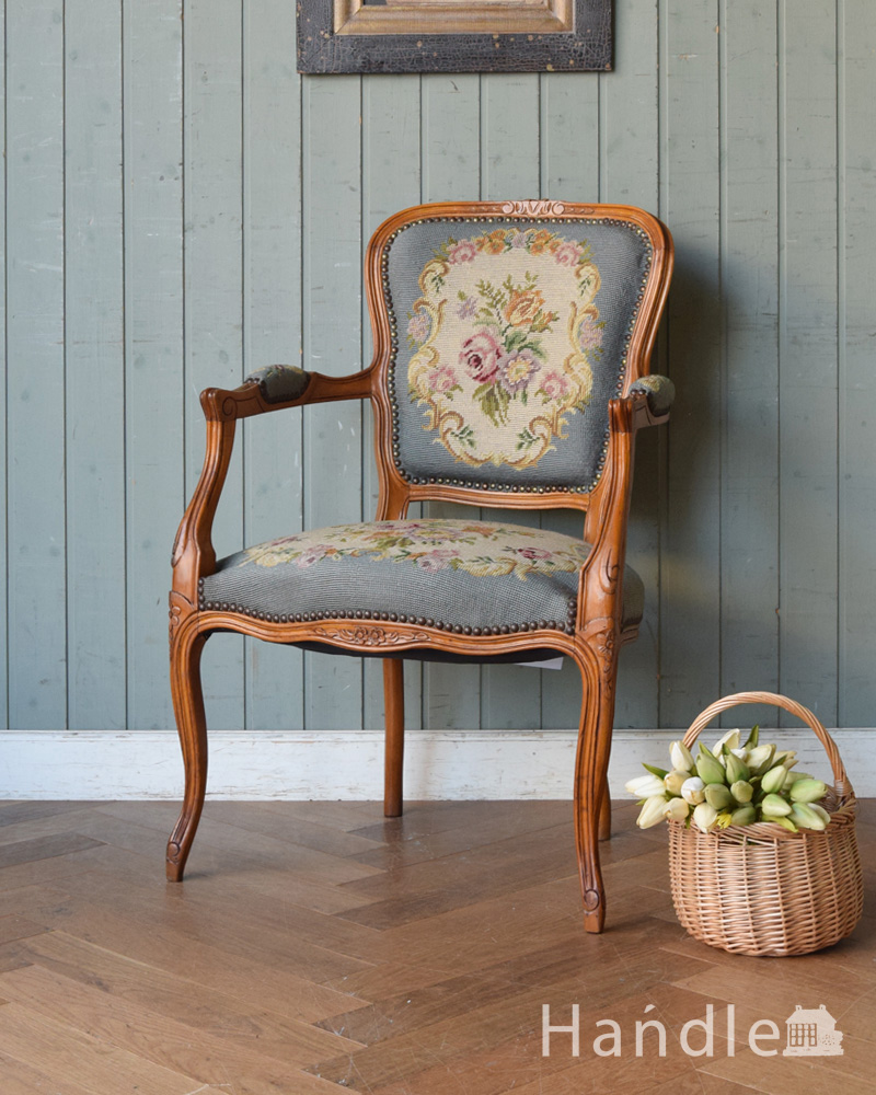 フランスアンティーク プチポワン刺繍 椅子の張替えモスグリーン