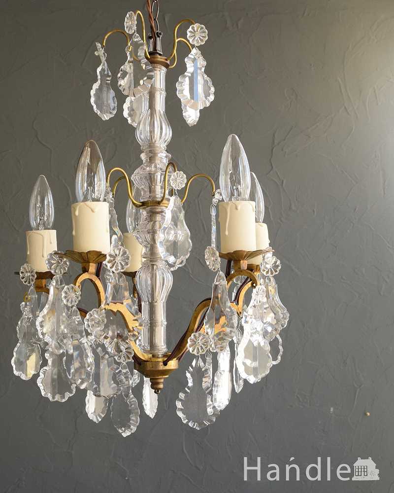ガラスコラム付き、フランスアンティーク シャンデリア（5灯）（E17