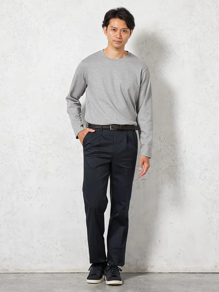 ベージュ 【ツータック】チノパン 折り目加工 無地 カジュアルパンツ