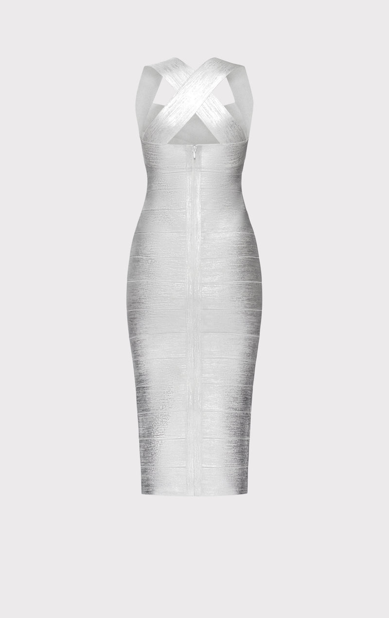 FOIL HALTER X-BACK MIDI DRESS – HERVÉ LÉGER