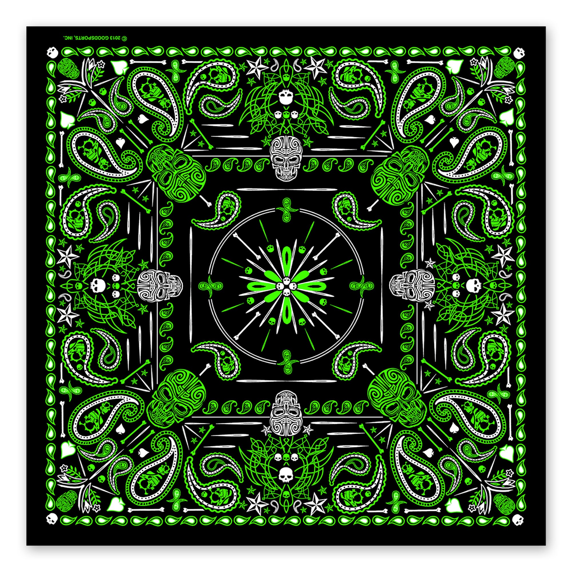 Green Paisley Skulls Bandana 21x21 Original Biker Design | Hot