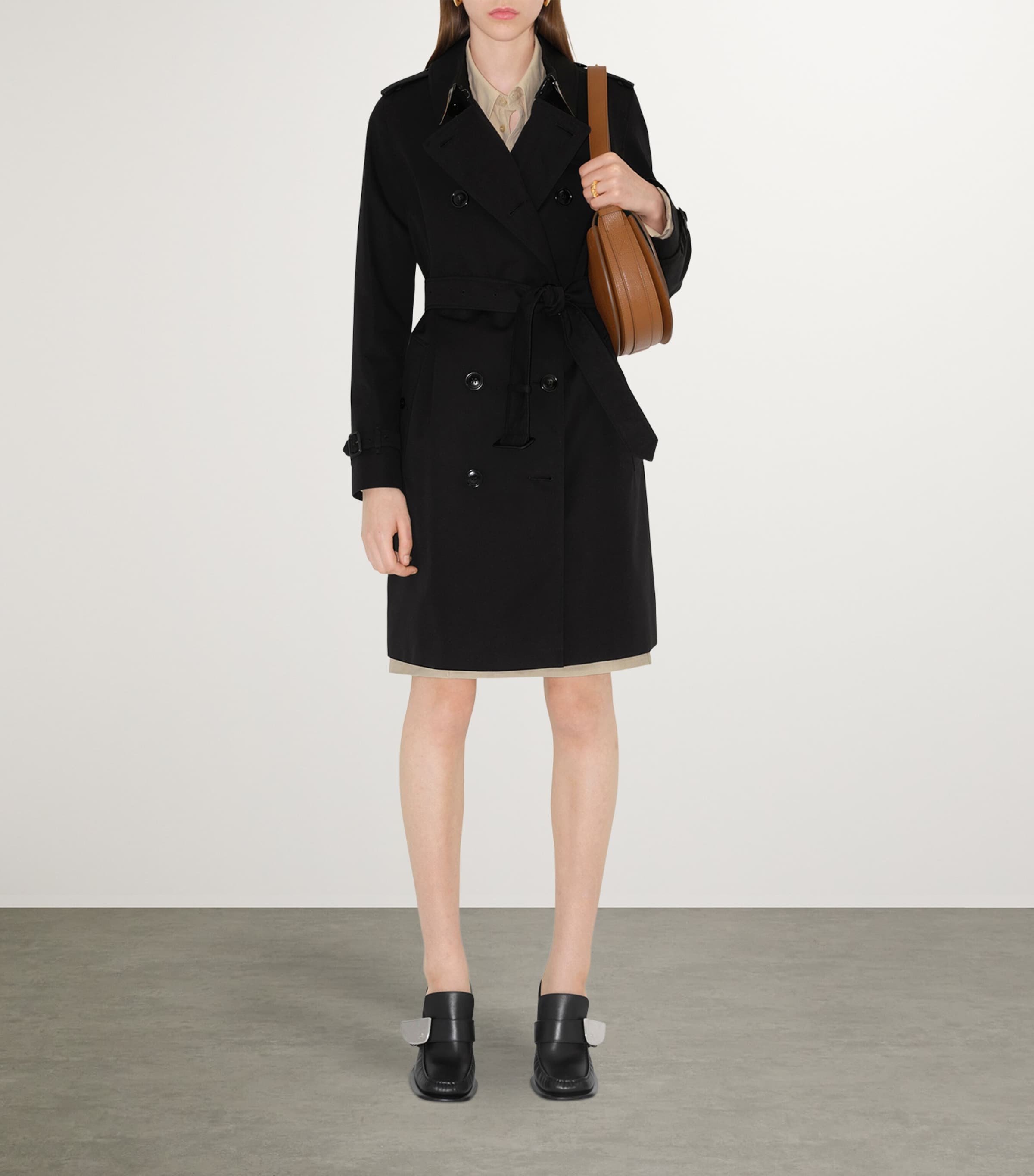 Burberry Black Gabardine Kensington Mid-Length Trench Coat
