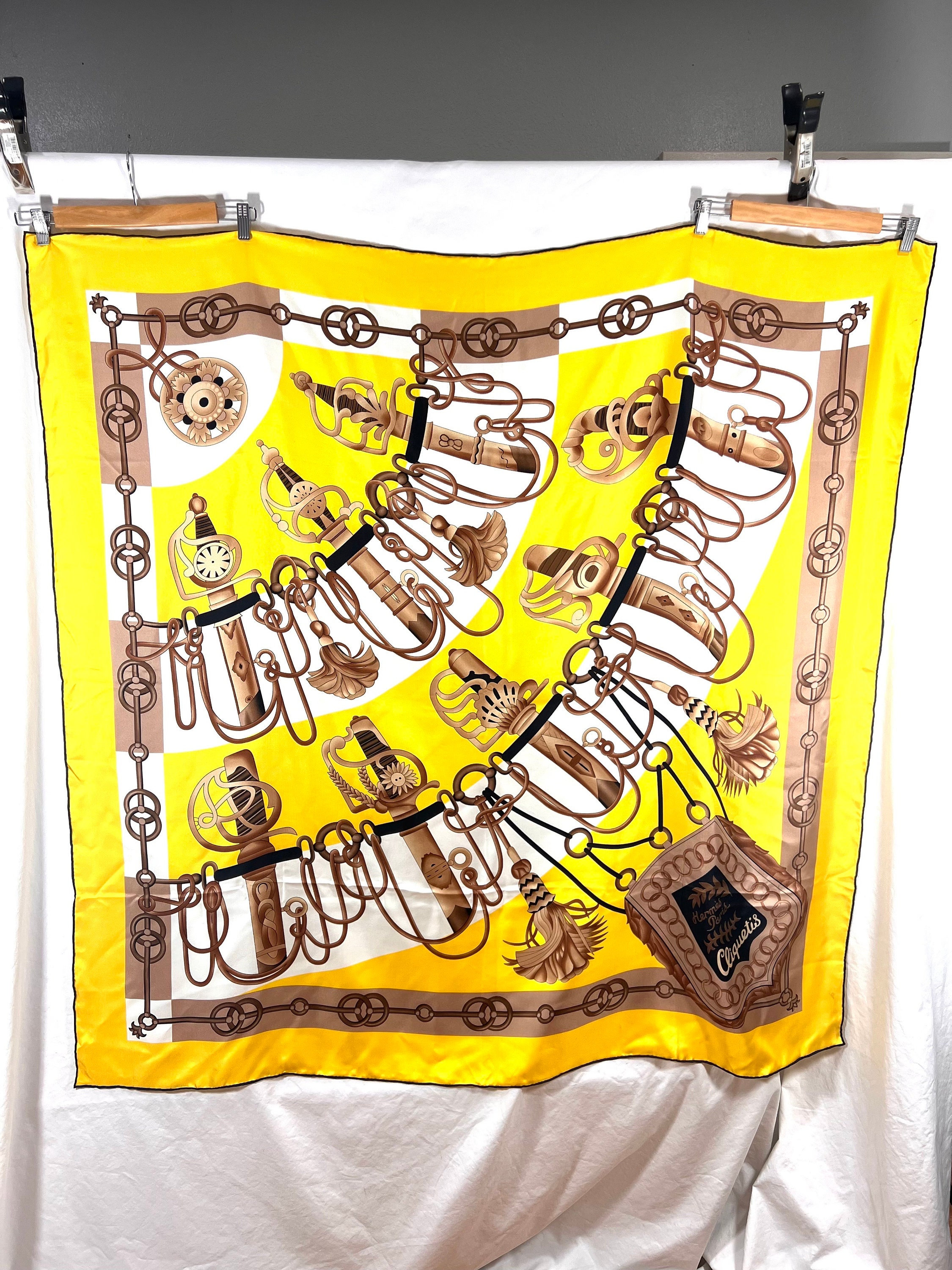 HERMES Cliquetis Yellow 100% Silk With Swords Pattern Scarf Made
