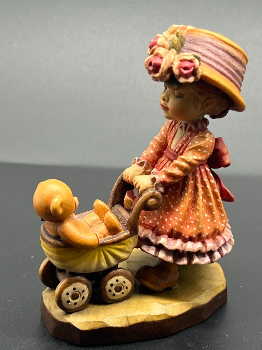 ANRI ITALY Hand Carved Painted Figurine Little Nanny Girl Stroller