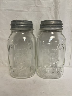 Pair Of Vintage Clear Glass Square Atlas Mason Jars With Metal