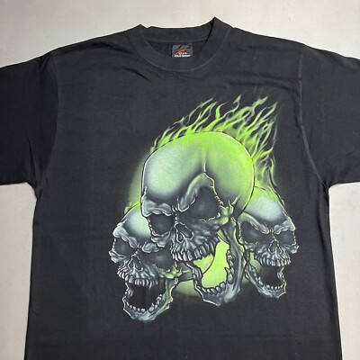 Vintage 90s Green Flaming Skulls Tee Shirt CH Gold Large | eBay
