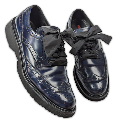 Prada Platform Navy Blue Brogue Patent Leather Bows Sneakers Boots