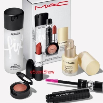 MAC MERRY MUST HAVES 5 KIT MASCARA SERUM LIPSTICK EYESHADOW FIX+