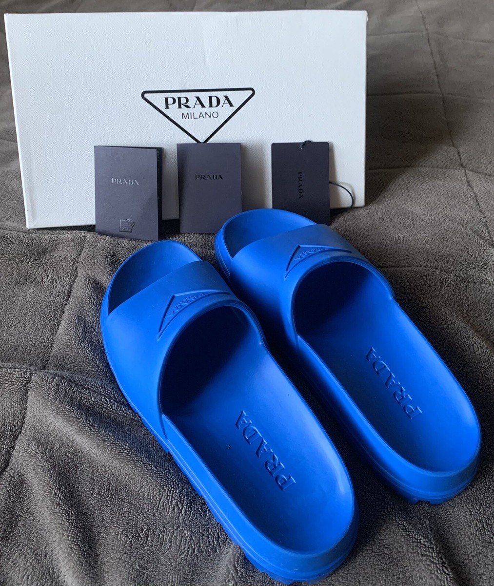 New Prada Made In Milano Italy Blue Rubber Pool Slides Sandals