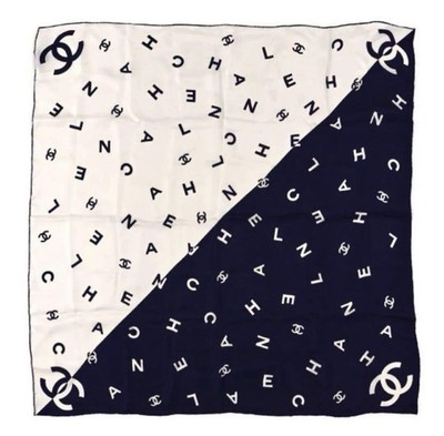 Chanel Silk Scarf Muffler Navy & White 90x90 Used Clean | eBay
