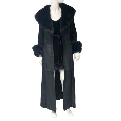 Vintage Y2K 2000s Express Black Suede Faux fur Long Coat Duster