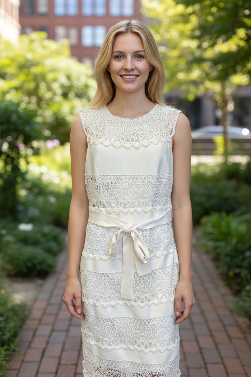 CHRISTIAN DIOR 8 Knit Crochet Dress Large Cream Sleeveless Boat