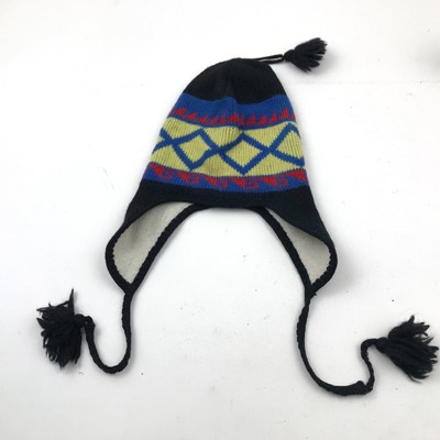 VINTAGE Wigwam Beanie Hat Cap Black Blue Ear Flap One Size Knitted