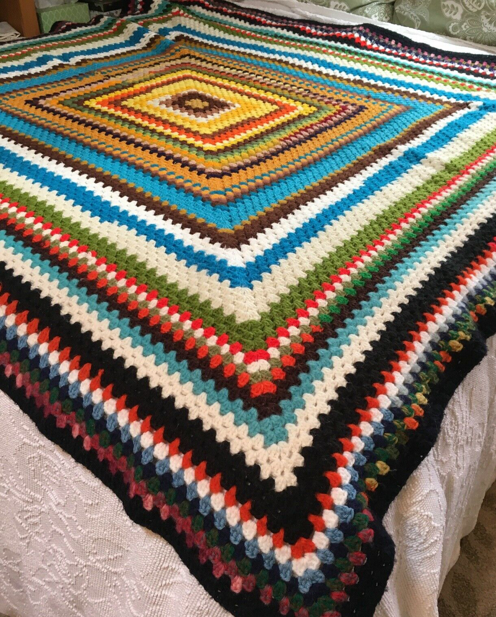 Vintage Crocheted Granny Square Blanket Throw Dense Yarn Giant