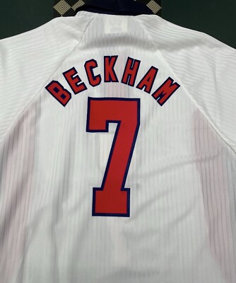 Authentic 1998 England Home #7 Beckham Long Sleeve w/World Cup