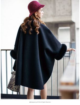Wool Cape Poncho Coat Women Real Fox Fur Trim Wraps Pashmina Black