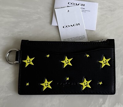 NWT COACH COSMIC SPACE STAR PRINT BLACK/MULTI LEATHER ZIP CARD