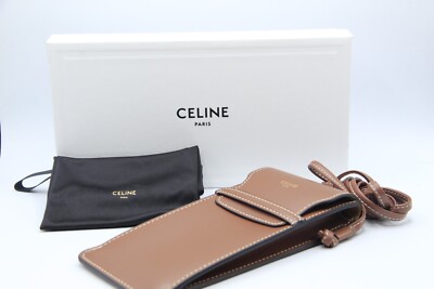 NEW CELINE BROWN LEATHER STRAP POUCH SUNGLASSES EYEGLASSES CASE