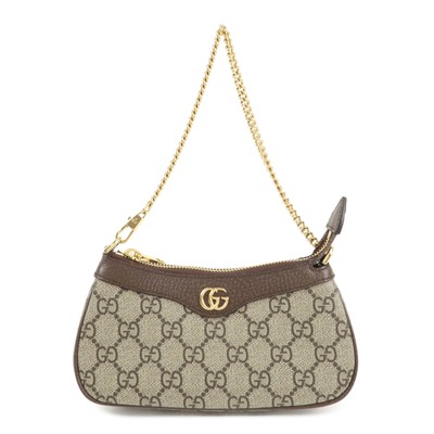 Auth GUCCI Ophidia Leather GG Supreme Chain Pouch Beige Brown