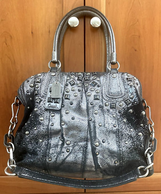 COACH Ltd Ed KRISTIN SILVER PEWTER METALLIC STUDDED PLEATED