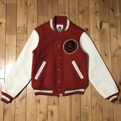 Size M BAPE × stussy sleeve leather varsity jacket Men's Red Wool