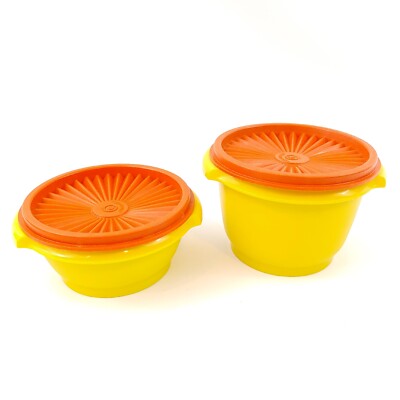 Lot of 2 Tupperware Containers Yellow w/Orange Lids 886 1323 312