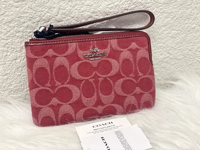 NWT Coach Corner Zip Wristlet In Signature Denim CDF27 in True Red