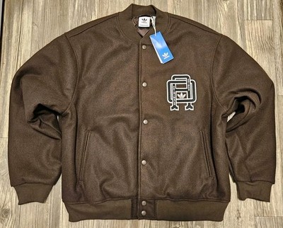 $180 Adidas Originals Wool Varsity Bomber Jacket Dark Brown Mens